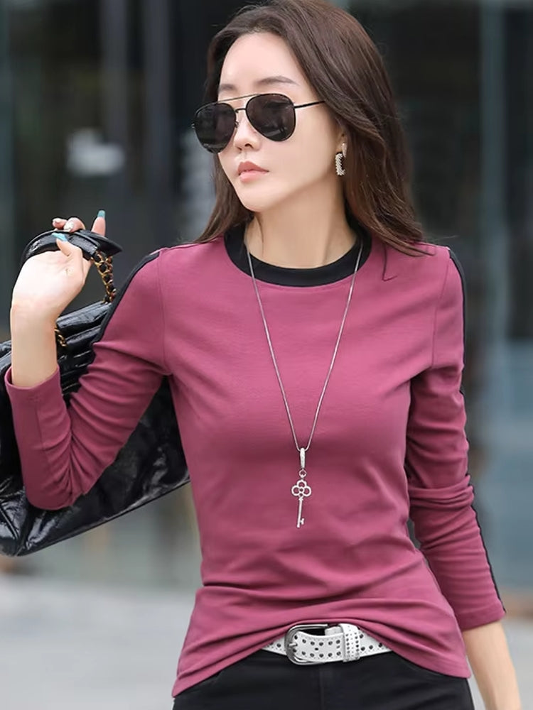 Women O-neck Stretch Cotton Skinny Basic T Shirt Pink Blouses - Tophatter Daily Deals