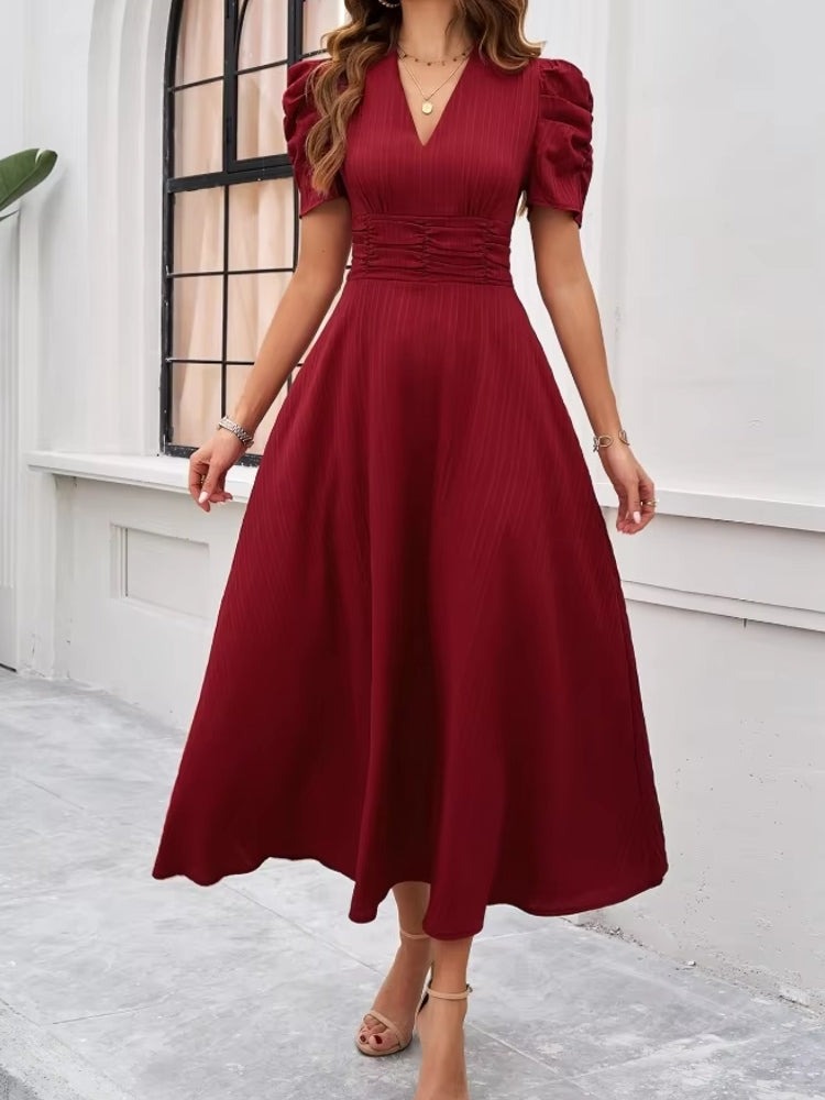 Elegance of High-Waisted Solid Color Dresses for Summer Burgundy Midi Dresses - Tophatter Daily Deals