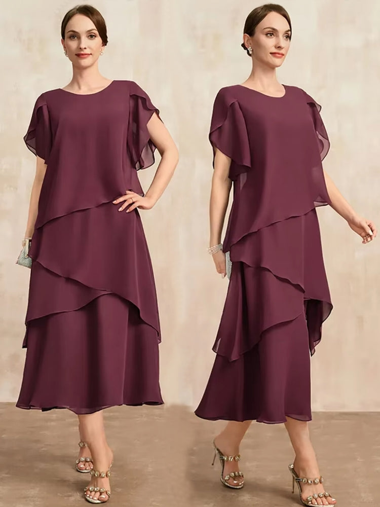 Elegant Women Burgundy Chiffon Midi Dress Midi Dresses - Tophatter Daily Deals