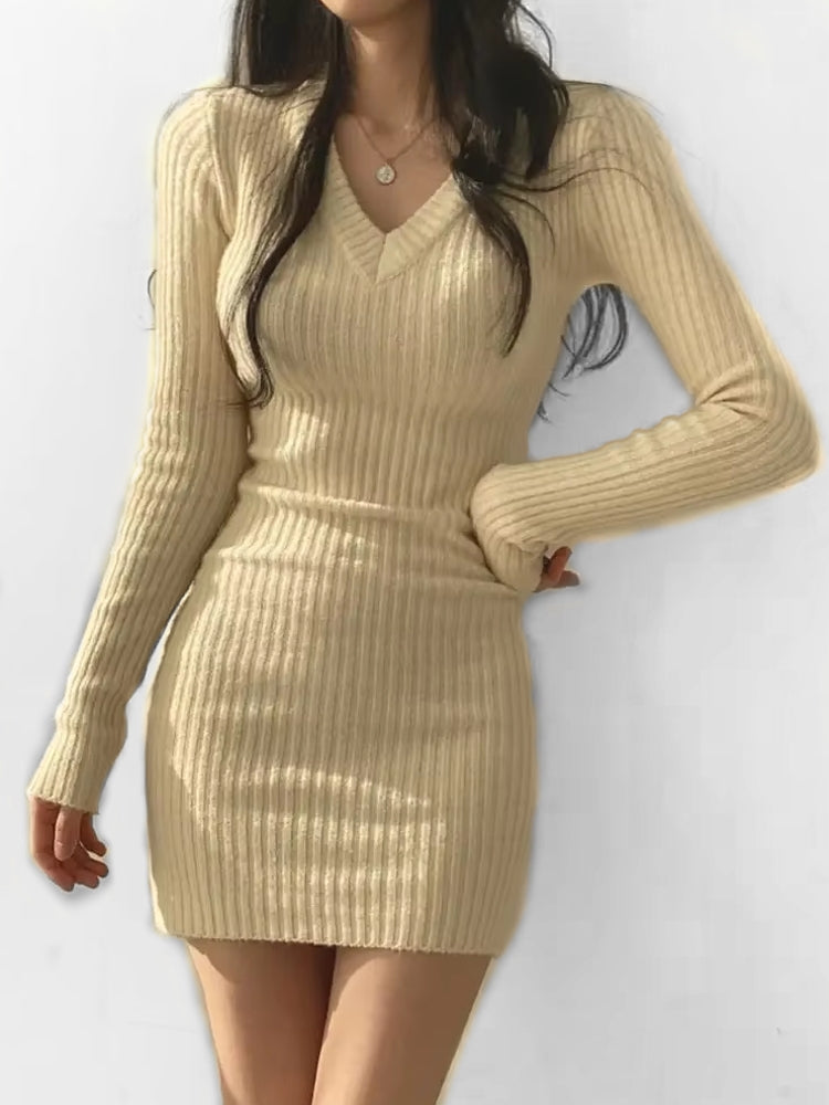 Women V-Neck Sexy Knit Bodycon Dress Beige Mini Dresses - Tophatter Daily Deals