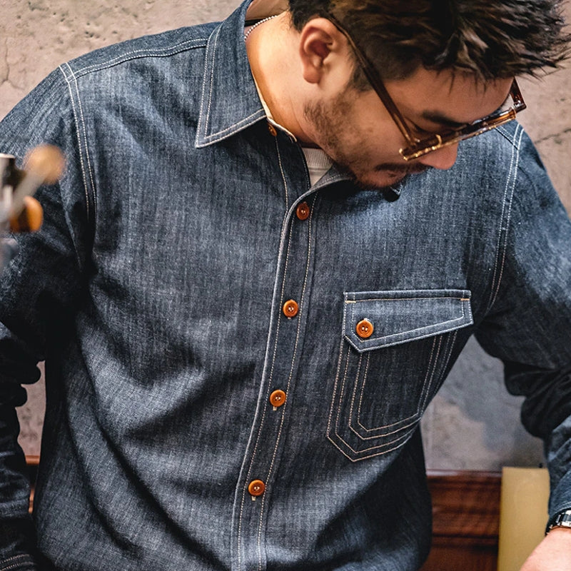 Men Jeans Indigo Washed Solid Work Shirt Men's Clothing - Tophatter Daily Deals