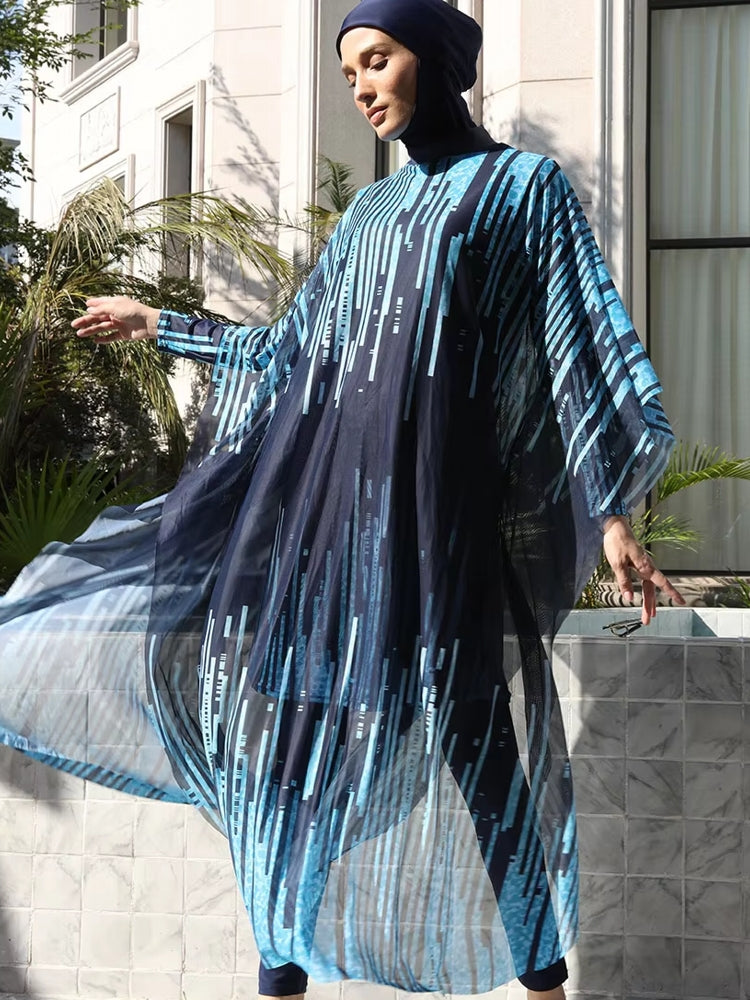 Long Sleeve Full Cover Hijab Flower Dress Top Swim Pants swimsuit + pants + hijab+shawl Blue Swimwear - Tophatter Daily Deals