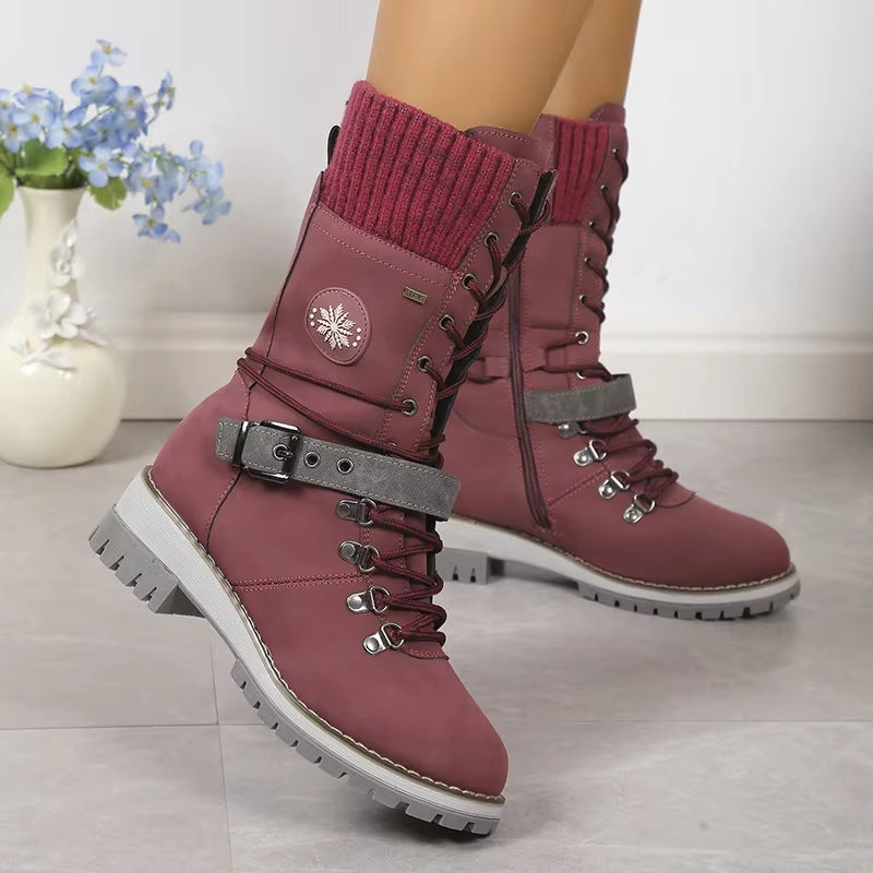 Mid-Calf Boots Square Heel For Women Wine Red Boots - Tophatter Daily Deals