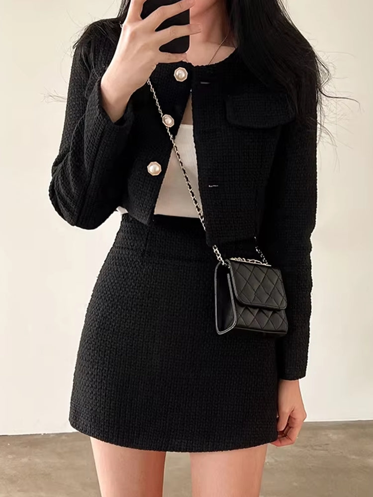 Women Tweed Pearl Buttons Jackets Skirts Work Wear Blazers - Tophatter Daily Deals
