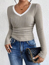 Fashion Contrast Color V-Neck Blouse Blouses - Tophatter Daily Deals