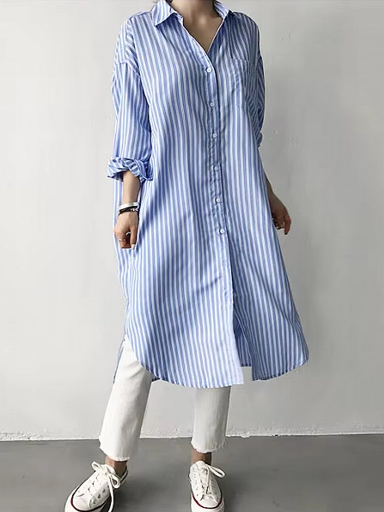 Fashion Mid-length Striped Shirt Skirt Blouses - Tophatter Daily Deals