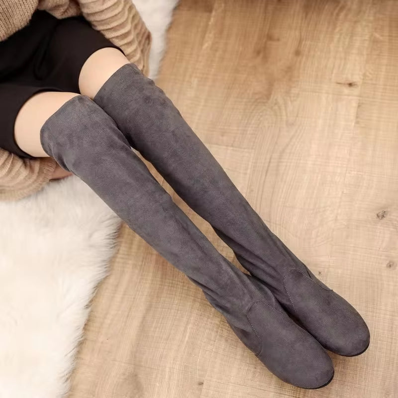 HOT New Arrival Women Boots Square Block Heel Fur Platform Winter Knee High Boots Gray BOOTS - Tophatter Daily Deals