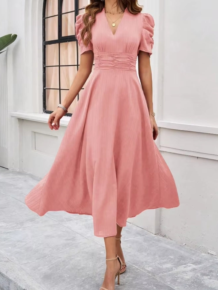 Elegance of High-Waisted Solid Color Dresses for Summer Pink Midi Dresses - Tophatter Daily Deals
