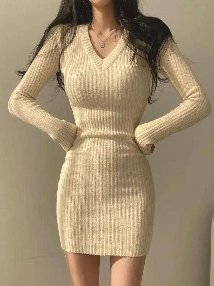 Women V-Neck Sexy Knit Bodycon Dress Mini Dresses - Tophatter Daily Deals