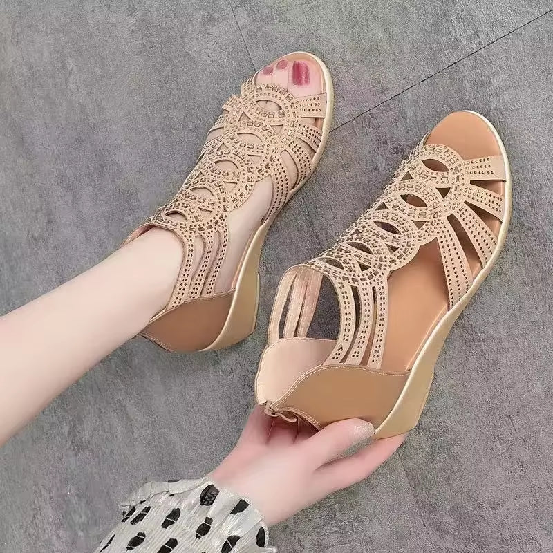 Women Summer Soft Leather Roman Sandals Beige Women Shoes - Tophatter Daily Deals
