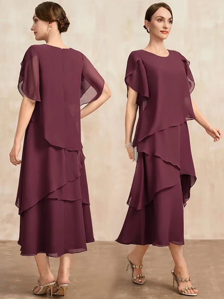 Elegant Women Burgundy Chiffon Midi Dress Midi Dresses - Tophatter Daily Deals