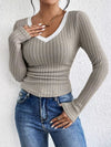 Fashion Contrast Color V-Neck Blouse Apricot Blouses - Tophatter Daily Deals