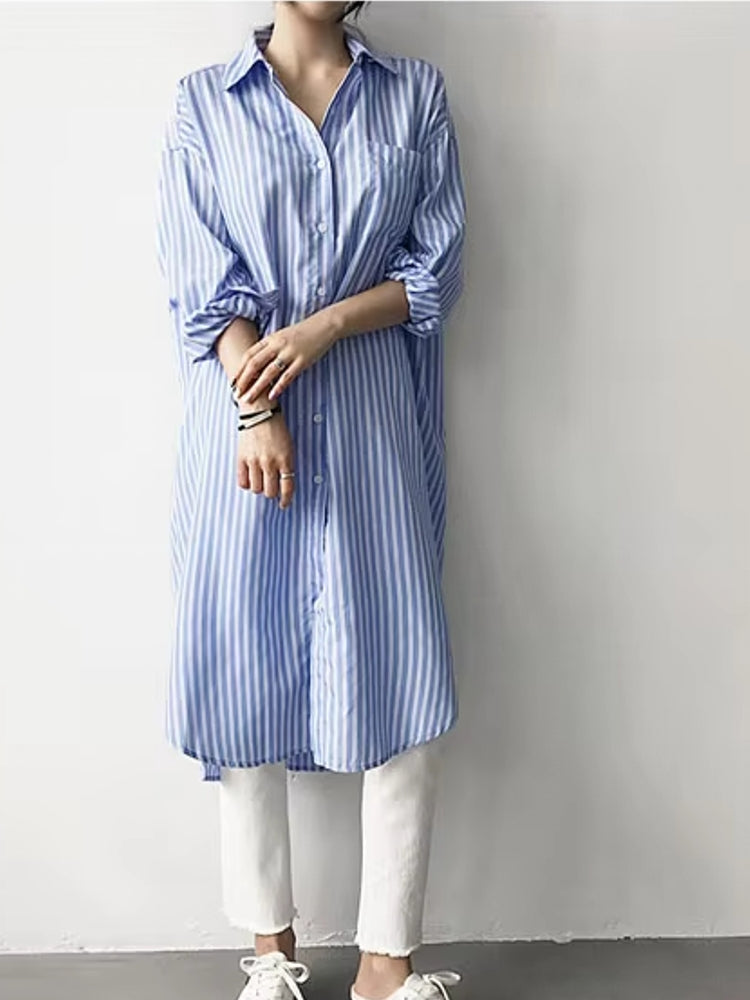 Fashion Mid-length Striped Shirt Skirt Blouses - Tophatter Daily Deals