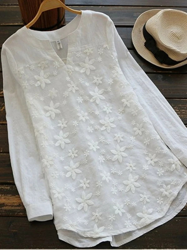 White Women Lace Long Sleeve Tops V Neck Embroidery Fashion Loose Elegant Shirt White BLOUSES & SHIRTS - Tophatter Daily Deals
