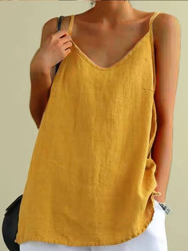 Summer Top Cotton Linen Spaghetti Strap Top V-neck Blouses - Tophatter Daily Deals
