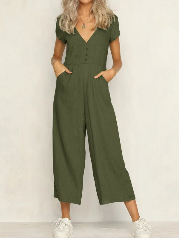 Women's Cotton And Linen Short Sleeve Jumpsuit Jumpsuit - Tophatter Daily Deals