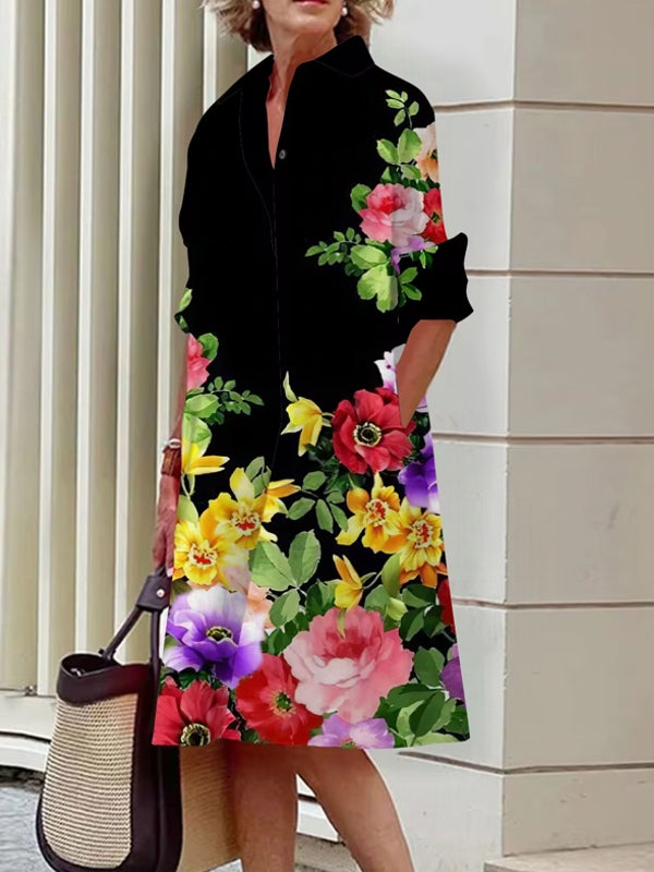 Elegant Women's Floral Pattern Shirt Dress Black Midi Dresses - Tophatter Daily Deals
