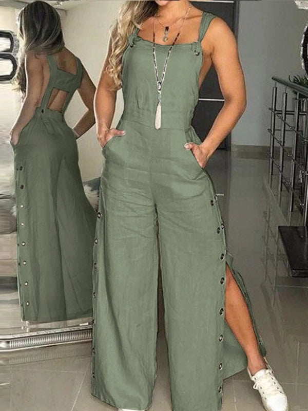 Casual Wide-Leg Jumpsuit with Side Pockets Army Green Jumpsuits Pants - Tophatter Daily Deals