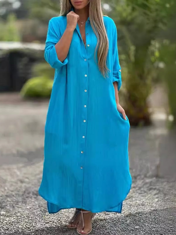 Spring Cotton Linen Solid Pocket Oversize Shirt Dresses Maxi Dresses - Tophatter Daily Deals