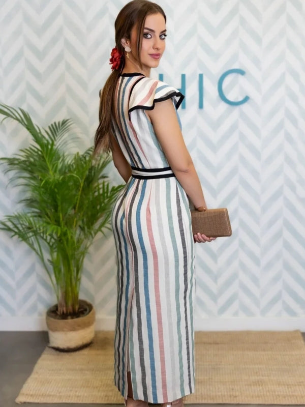 Elegant Striped Print Lace Up Midi Dress Midi Dresses - Tophatter Daily Deals