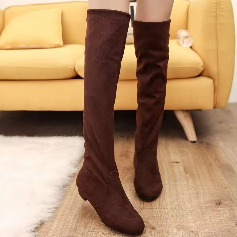 HOT New Arrival Women Boots Square Block Heel Fur Platform Winter Knee High Boots Brown BOOTS - Tophatter Daily Deals