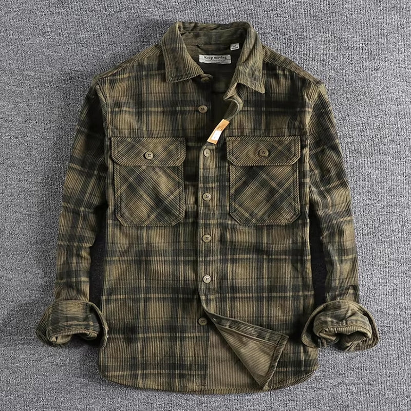 Plaid Woven Corduroy Men Shirts Green Men's Shirts - Tophatter Daily Deals