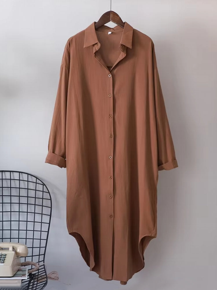 Women Cotton Oversized Big Shirt Dress Brown Blouses - Tophatter Daily Deals
