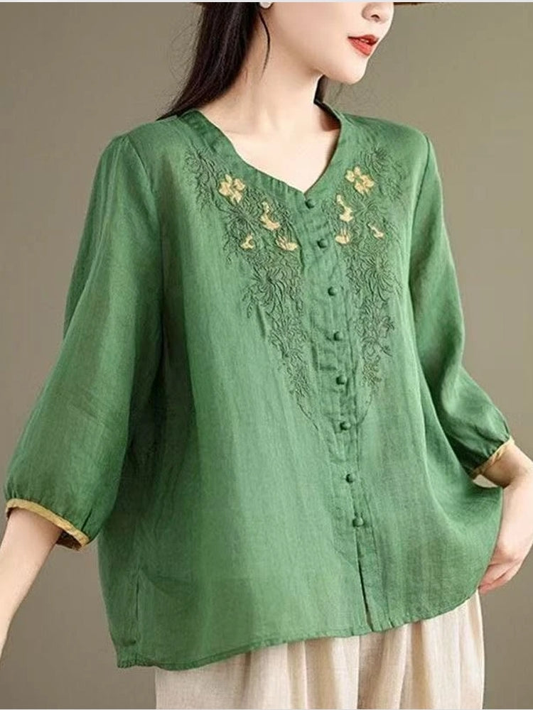 Casual 3/4 Sleeve Embroidery Floral Blouse Green Blouses - Tophatter Daily Deals