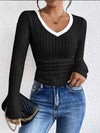 Fashion Contrast Color V-Neck Blouse Blouses - Tophatter Daily Deals