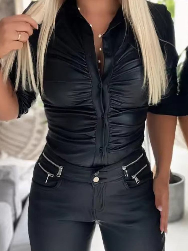 Faux Leather Button Front Shirt For Women Blouses - Tophatter Daily Deals
