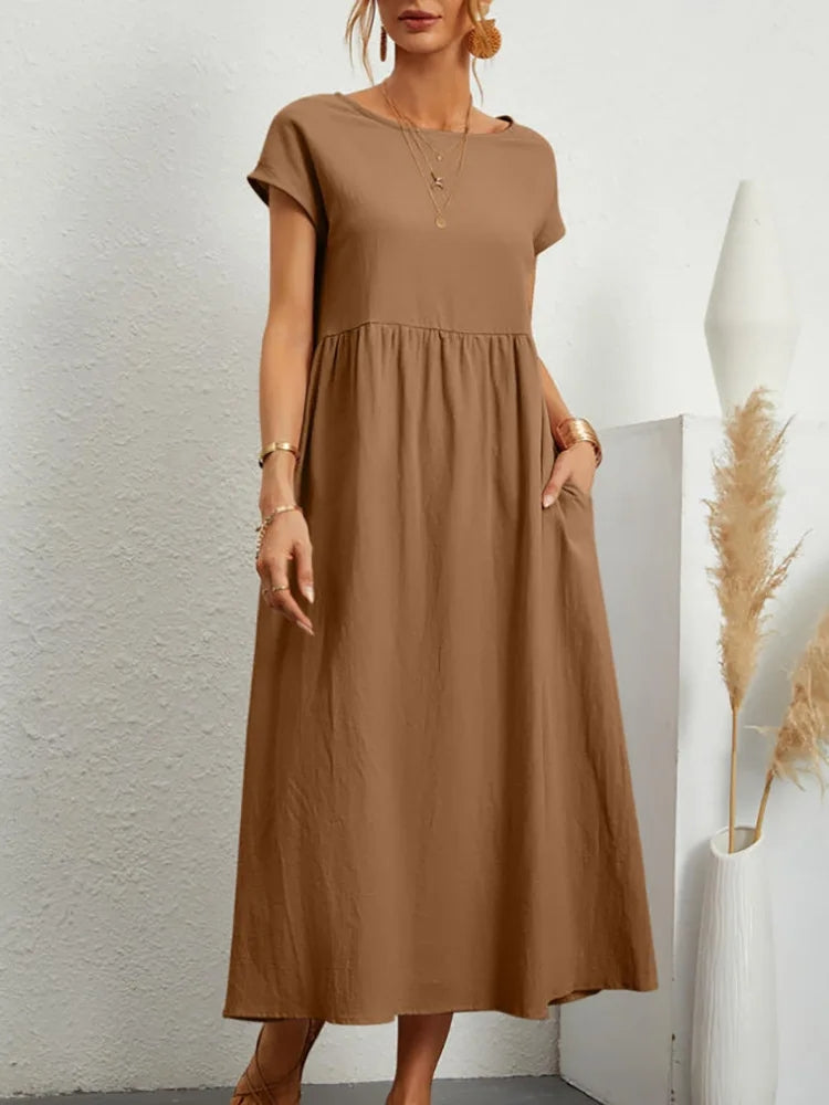 Women Vintage O Neck Short Sleeve Cotton Solid Dress Tan Maxi Dresses - Tophatter Daily Deals