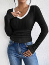 Fashion Contrast Color V-Neck Blouse Blouses - Tophatter Daily Deals