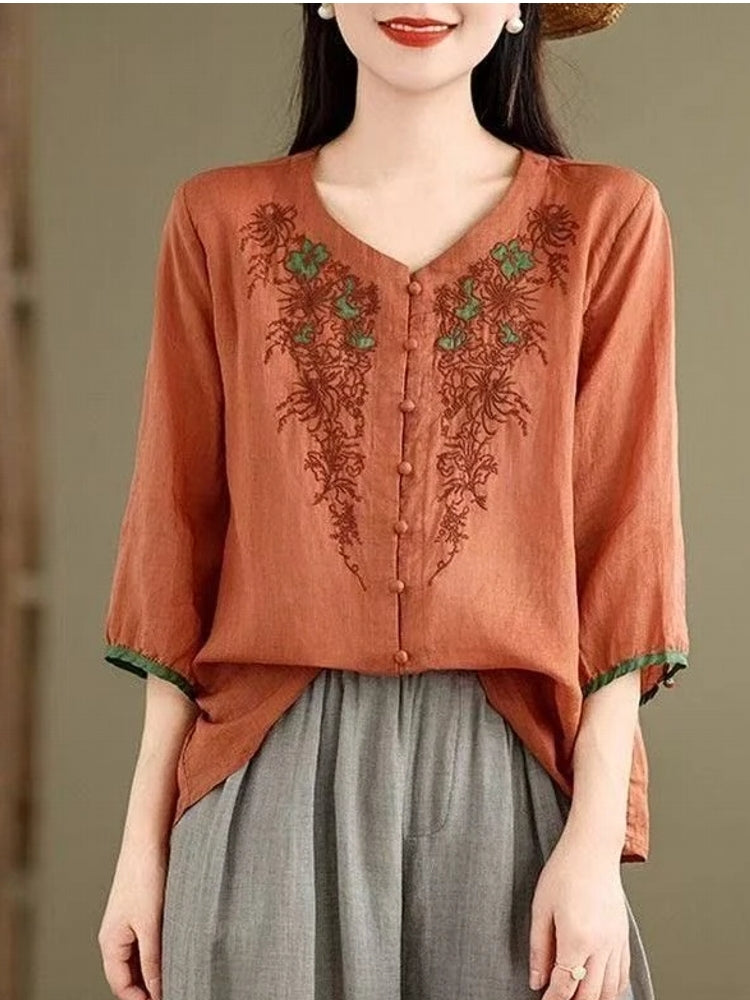 Casual 3/4 Sleeve Embroidery Floral Blouse Blouses - Tophatter Daily Deals