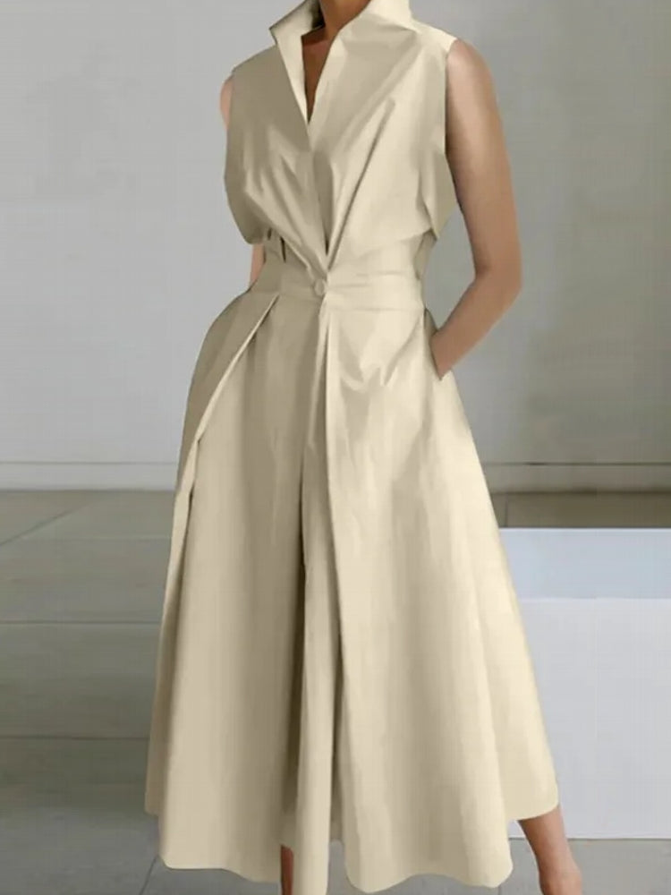 Elegant Lapel And Button Dress For Women Beige Maxi Dresses - Tophatter Daily Deals
