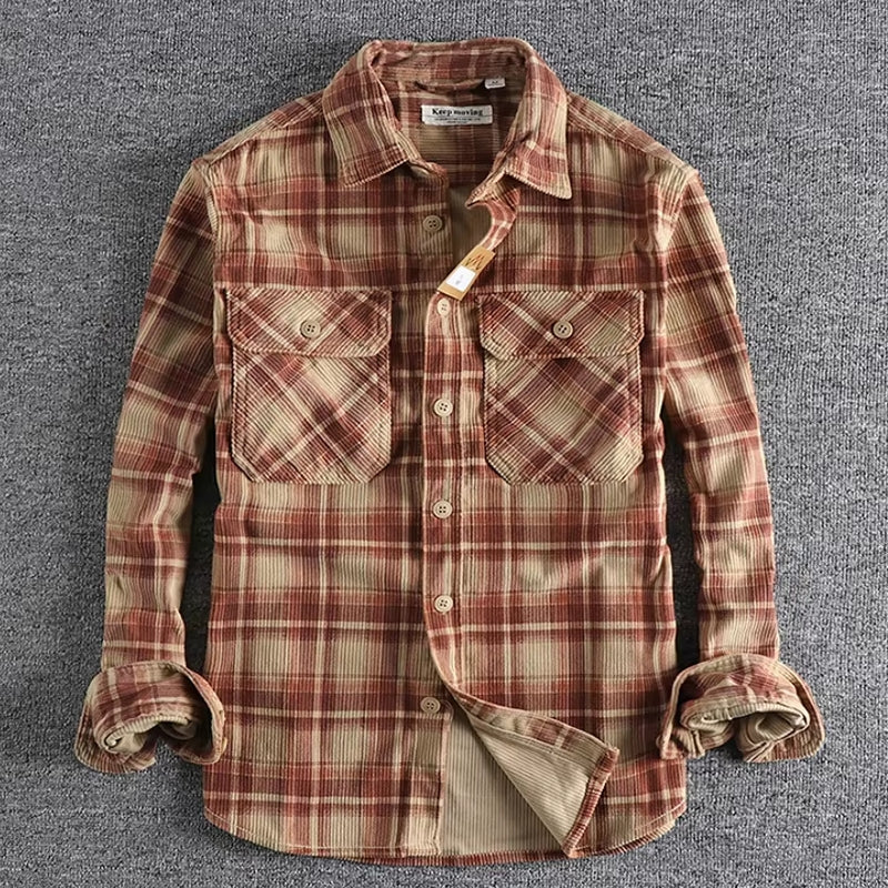 Plaid Woven Corduroy Men Shirts Red Men's Shirts - Tophatter Daily Deals