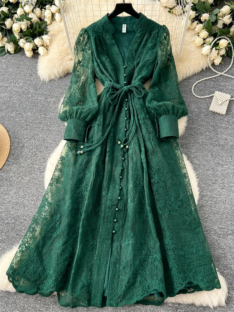 Elegant Luxury Lace Single Breasted Evening Party Dress Green Maxi Dresses - Tophatter Daily Deals