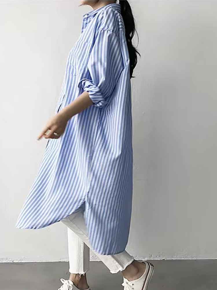 Fashion Mid-length Striped Shirt Skirt Blouses - Tophatter Daily Deals