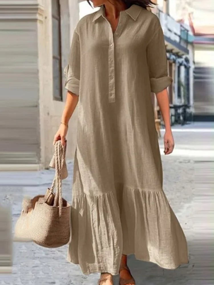 Women Simple Style Solid Color Cotton Linen Dresses Beige Maxi Dresses - Tophatter Daily Deals