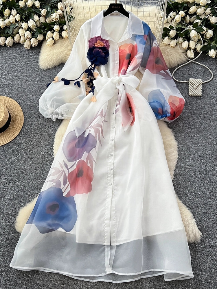Floral Print Belt Chiffon Shirt Maxi Dress Maxi Dresses - Tophatter Daily Deals