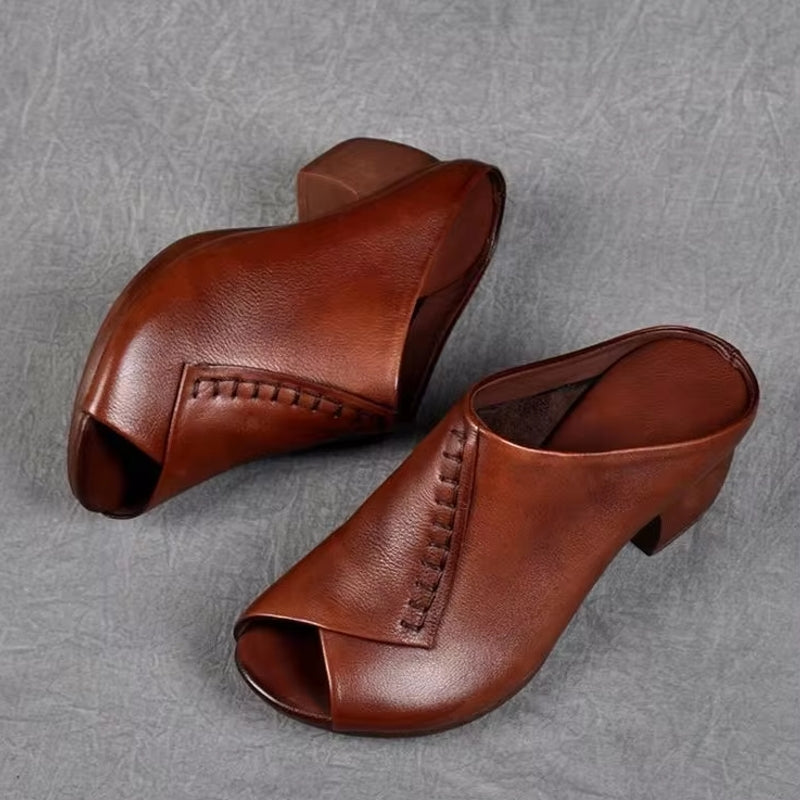 Soft Leather Fish Mouth Mother's Shoes Brown Casual Women Shoes - Tophatter Daily Deals