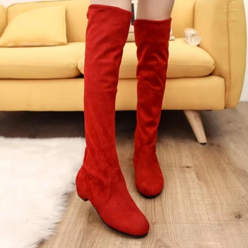 HOT New Arrival Women Boots Square Block Heel Fur Platform Winter Knee High Boots Red BOOTS - Tophatter Daily Deals