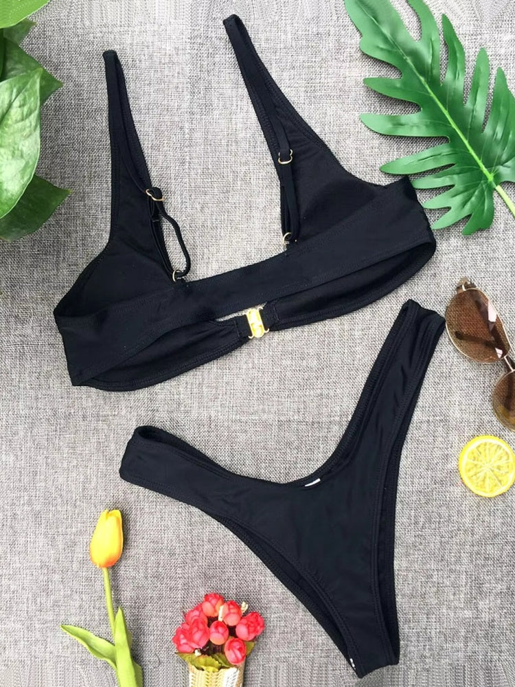 Solid High Waist Gold Front Lock Bikini Swimwear - Tophatter Daily Deals