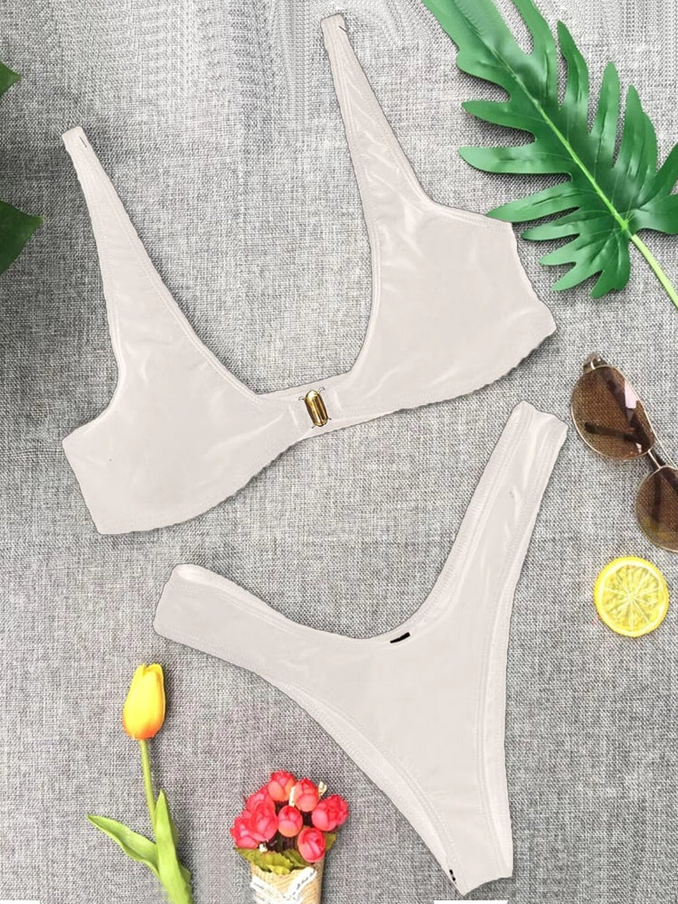 Solid High Waist Gold Front Lock Bikini White Swimwear - Tophatter Daily Deals