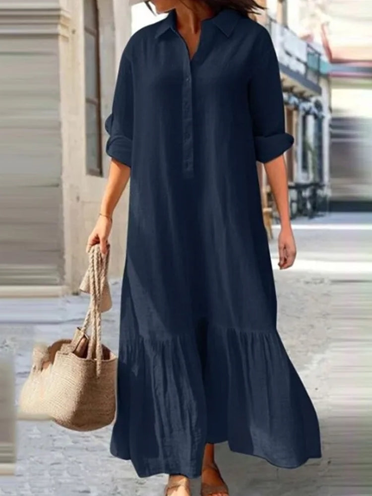 Women Simple Style Solid Color Cotton Linen Dresses Navy Maxi Dresses - Tophatter Daily Deals
