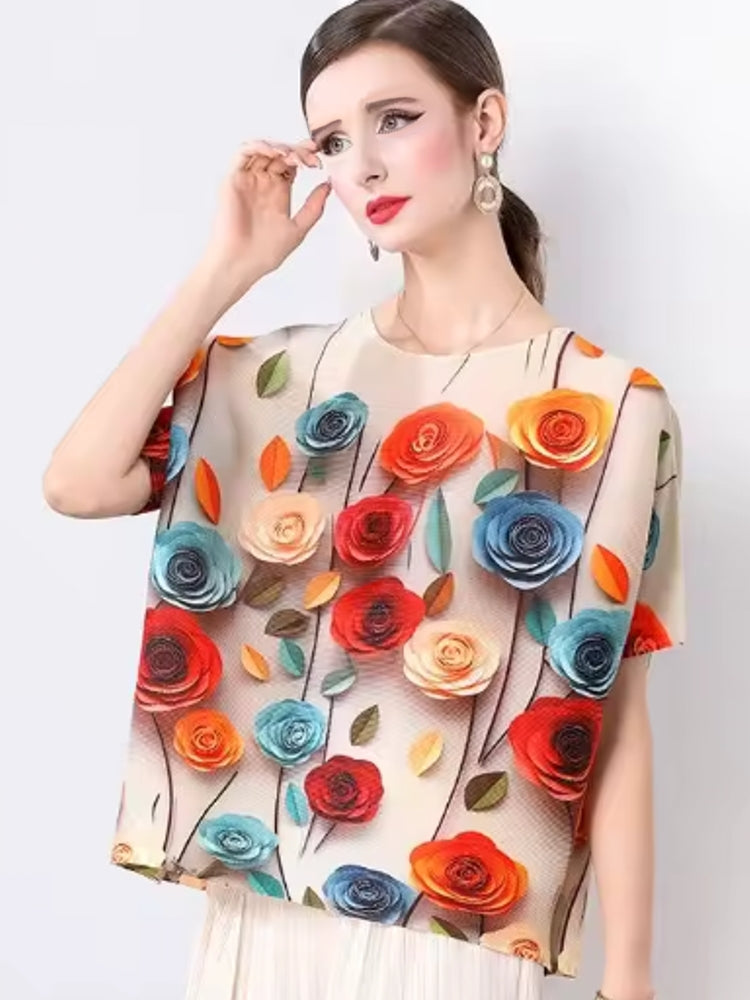 Fashion Rose Flower Casual Loose Chiffon Tops Apricot Blouses - Tophatter Daily Deals