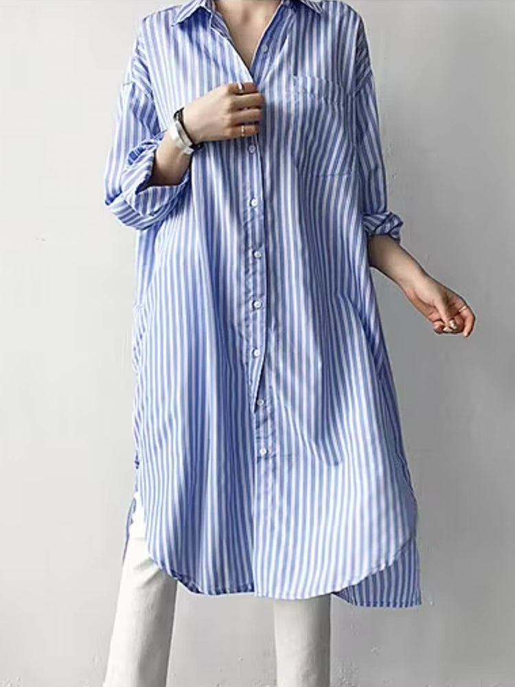 Fashion Mid-length Striped Shirt Skirt Blouses - Tophatter Daily Deals