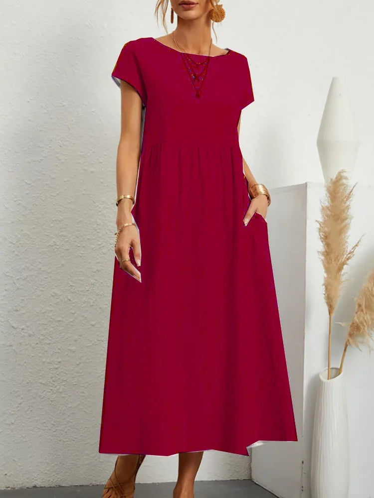 Women Vintage O Neck Short Sleeve Cotton Solid Dress Red Maxi Dresses - Tophatter Daily Deals