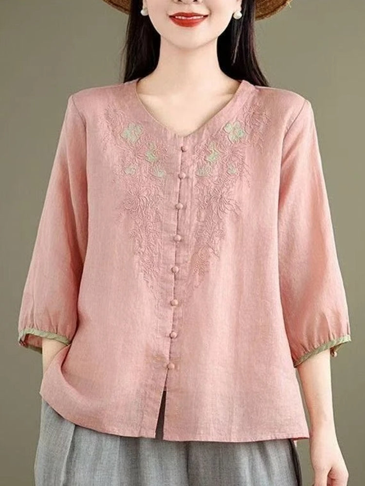 Casual 3/4 Sleeve Embroidery Floral Blouse Blouses - Tophatter Daily Deals