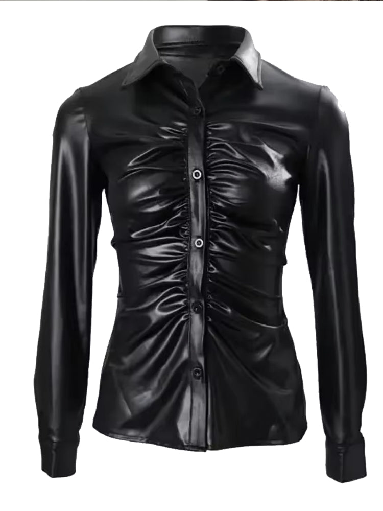 Faux Leather Button Front Shirt For Women Blouses - Tophatter Daily Deals