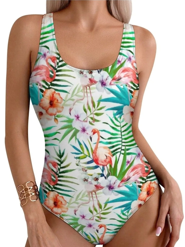 Stylish Tropical Flamingo Women Swimsuit One Piece White Swimwear - Tophatter Daily Deals